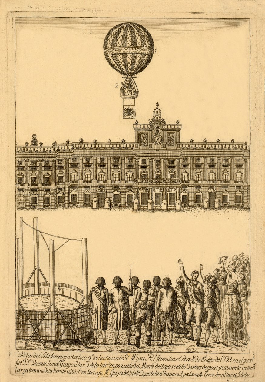 Widok balonu na ogrzane powietrze. powstało przed św. Pani i jej Rl. rodziny w dniu 8 stycznia 1793 r., w której Dn. Vicente Lunardi i padła o 2 po południu?, wyd. 1793 autorstwa Italian School