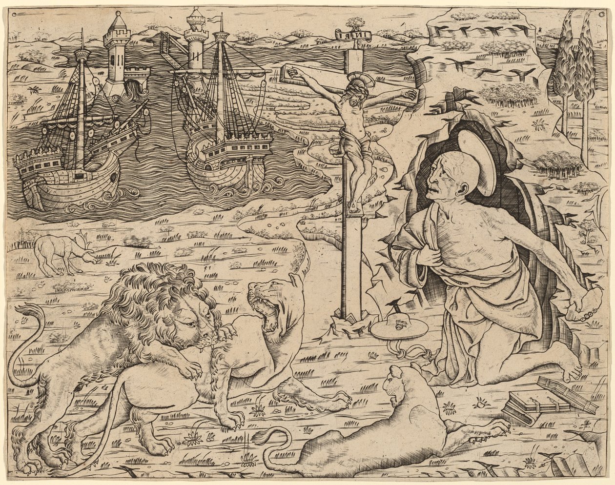 Święty Hieronim w pokucie z dwoma statkami w porcie autorstwa Italian 15th Century