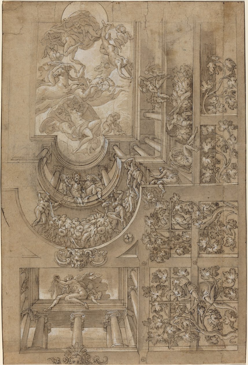 Iluzjonistyczny sufit z altaną na winogrona, postaciami ustawionymi na galeriach i centralną sceną bogów olimpijskich autorstwa Italian 16th Century