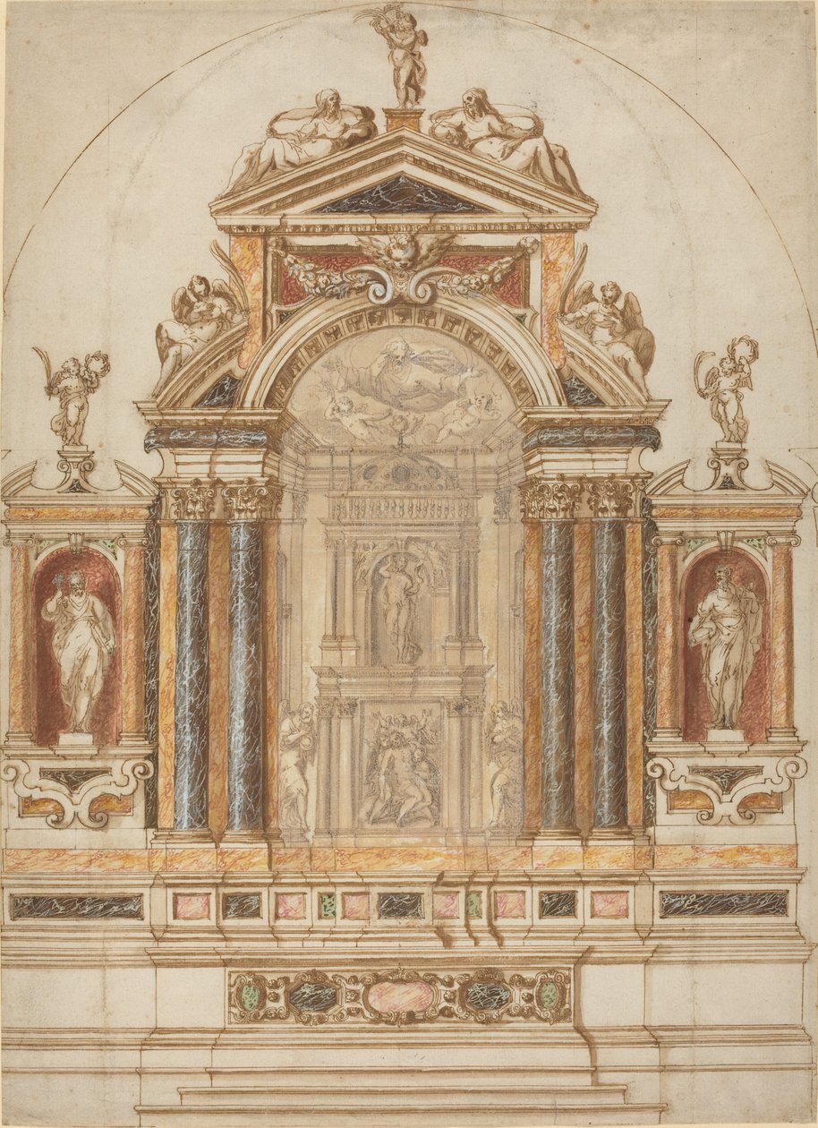 Misterny ołtarz z kolorowego marmuru ozdobiony rzeźbami autorstwa Italian 17th Century