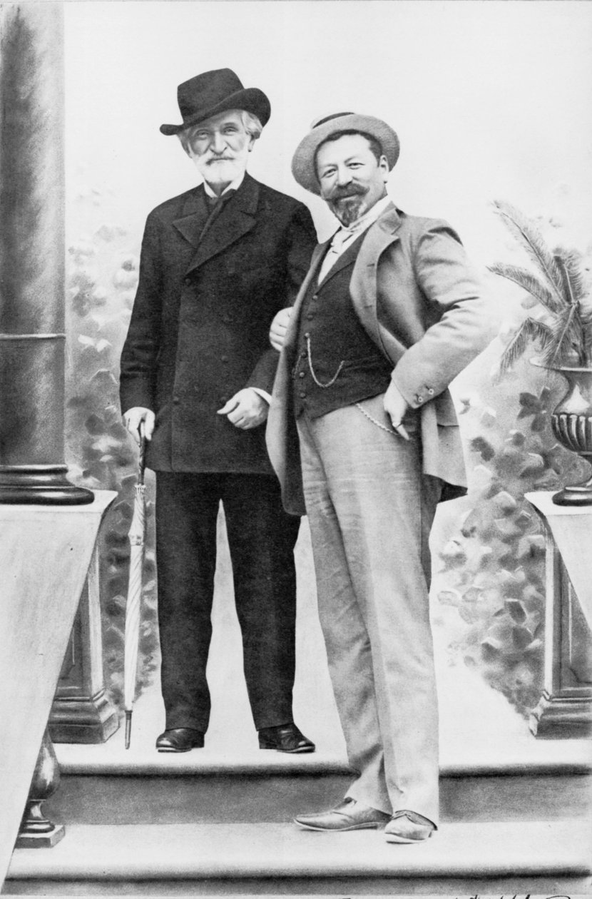 Giuseppe Verdi, włoski kompozytor (1813-1901) i tenor Francesco Tamagno (1850-1905) w Montecatini pod koniec XIX wieku. autorstwa Italian Photographer