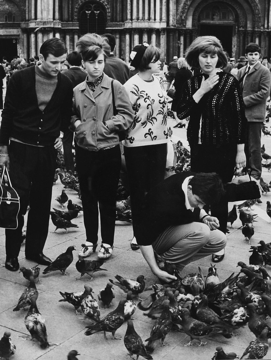 Turyści karmiący gołębie, Piazza San Marco, Wenecja, ok. 1970 (zdjęcie czarno-białe) autorstwa Italian Photographer
