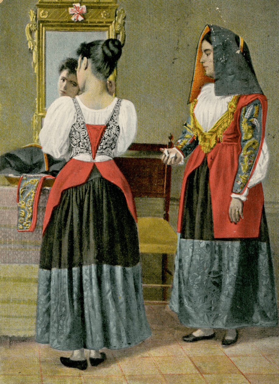 Dwie kobiety w tradycyjnych strojach, Sennori, Sardynia, Włochy, zdjęcie G Dessi, Cagliari autorstwa Italian Photographer