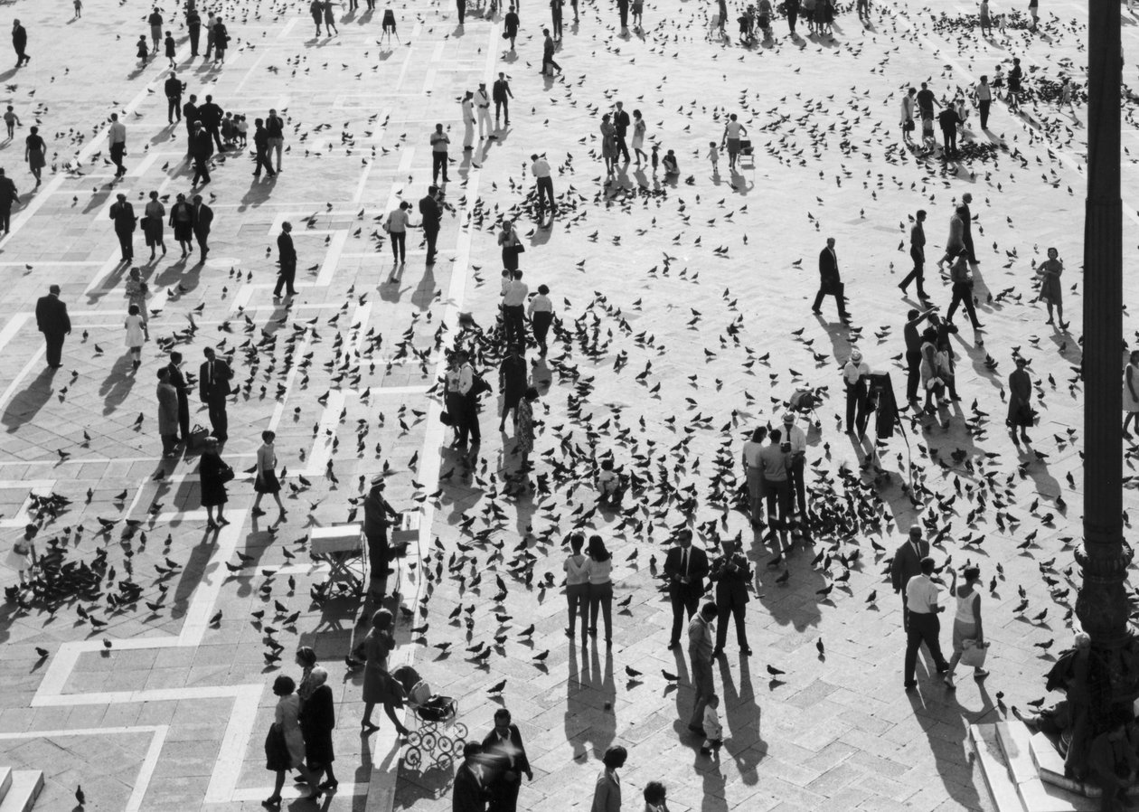 Widok tłumów na Piazza San Marco, Wenecja, ok. 1965 (zdjęcie czarno-białe) autorstwa Italian Photographer