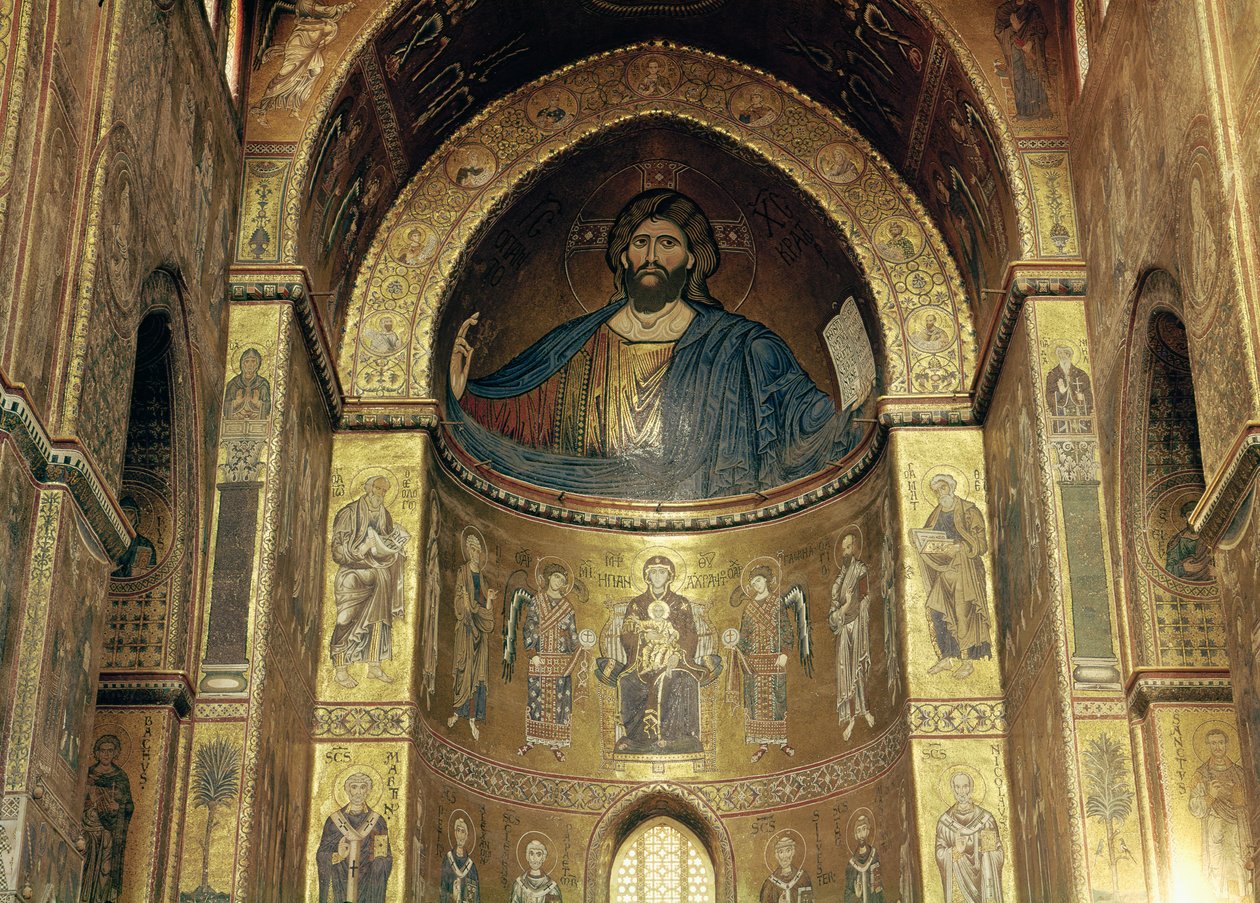 (TtoB) Chrystus Pantokrator; Dziewica z Dzieciątkiem z Aniołami i Apostołami, z absydy głównej, XII-XIII w. (mozaika) autorstwa Italian School