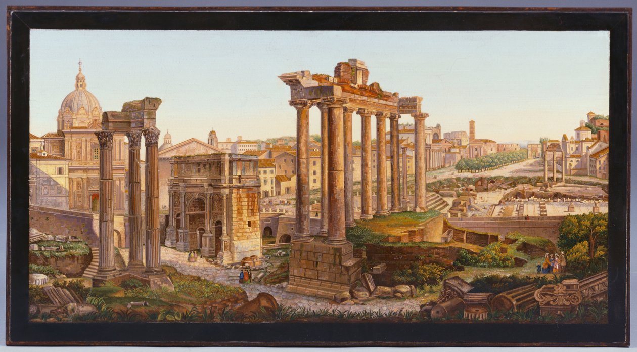 Rzymski blat z mikromozaiki inkrustowany postaciami przed świątyniami Kastora i Polluksa na Forum Romanum autorstwa Italian School