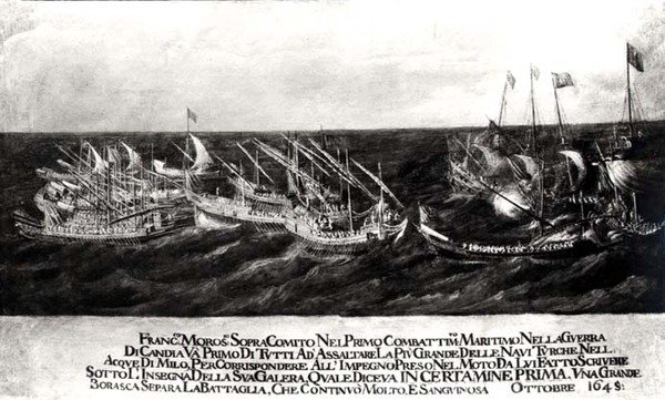 Bitwa morska pomiędzy flotą wenecką pod dowództwem generała Francesco Morosiniego (1618-94) przeciwko Turkom u wybrzeży Krety, październik 1645 (olej na płótnie) (zdjęcie czarno-białe) autorstwa Italian School