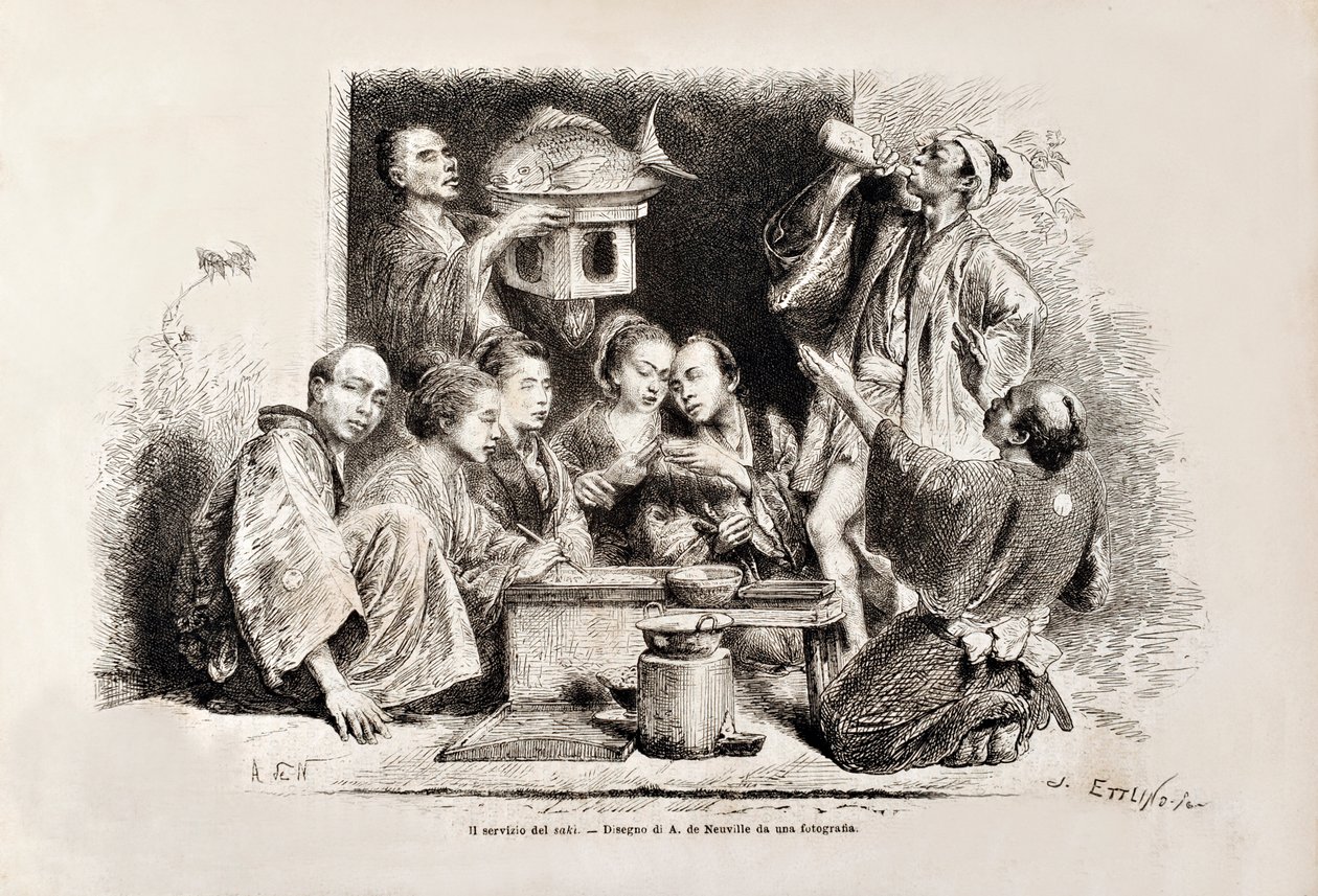 Sake na małą imprezę, z włoskiego wydania Tour du Monde, 1869 autorstwa Italian School