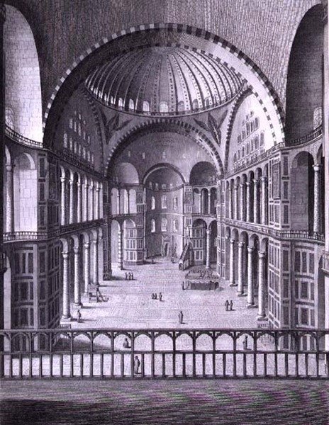 Widok wnętrza meczetu św. Zofii w Konstantynopolu wykonany w 1786 r., sztychowany przez Domenico Prontiego (fl.1788-1815) 1788 (rycina) autorstwa Italian School