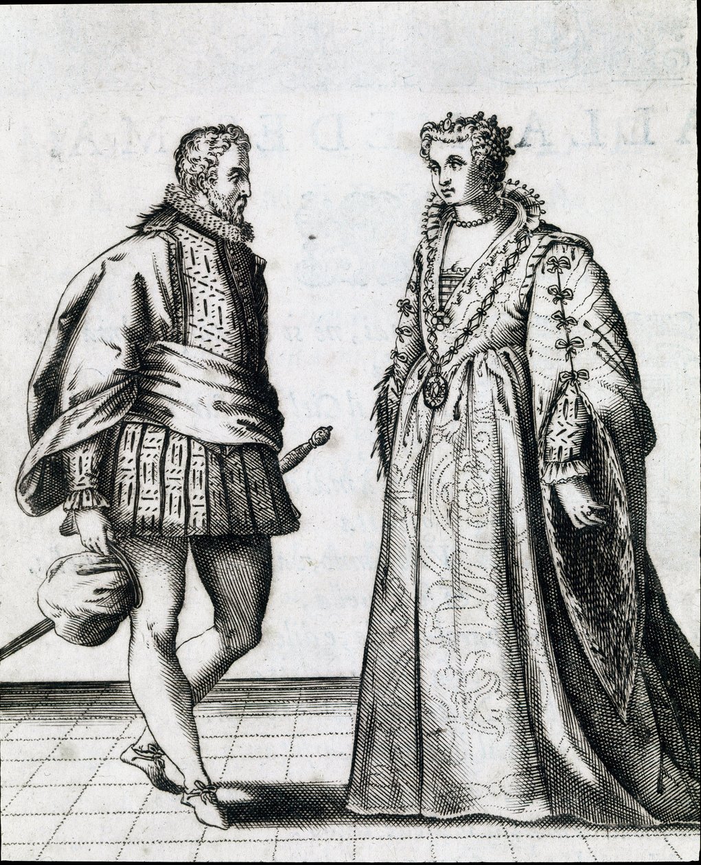 Para włoskiej szlachty. Rycina z „Il ballarino” (lub Il dancer) przedstawia taniec mistrza tańca Fabritio Caroso (1527 / 1535-1605 / 1620) 1581. Muzeum Miejskie Biblioteca Musicale, Bolonia autorstwa Italian School