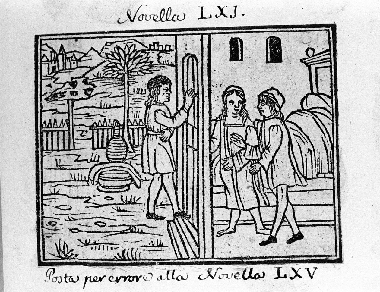 Para chce zapukać do ich drzwi. Ilustracja do wiadomości 61 (Wiadomości 1 z dnia siódmego) „Dekameronu” autorstwa Giovanniego Boccaccio dit Jean Boccaccio (1313-1375), włoskiego pisarza. Grawerowanie w „”Dekamerone ouer Cento nouelle””Wenecja, Bartolomeo d autorstwa Italian School