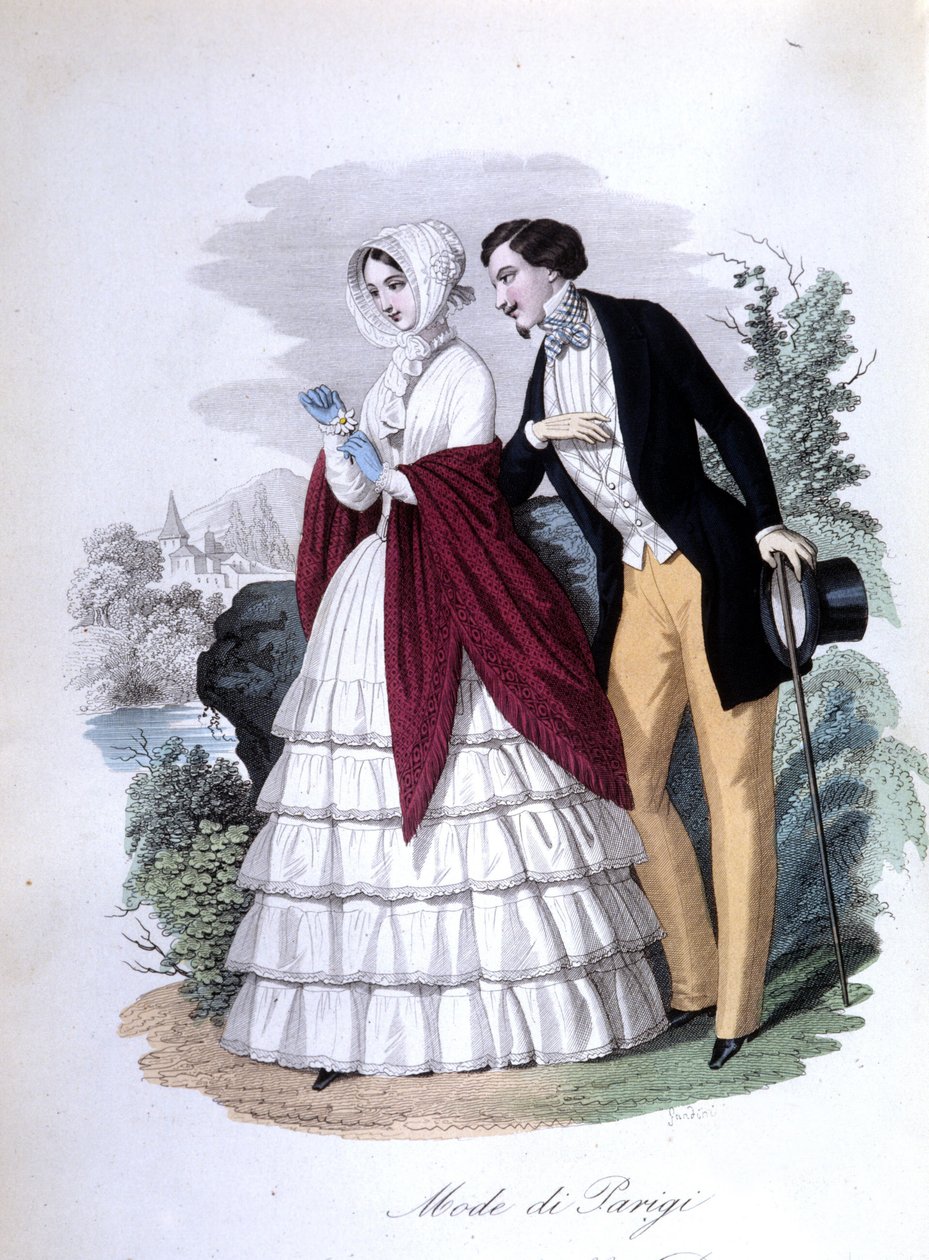 Scena galante: elegancka para modnych paryżan. 1848 (grawerowanie) autorstwa Italian School