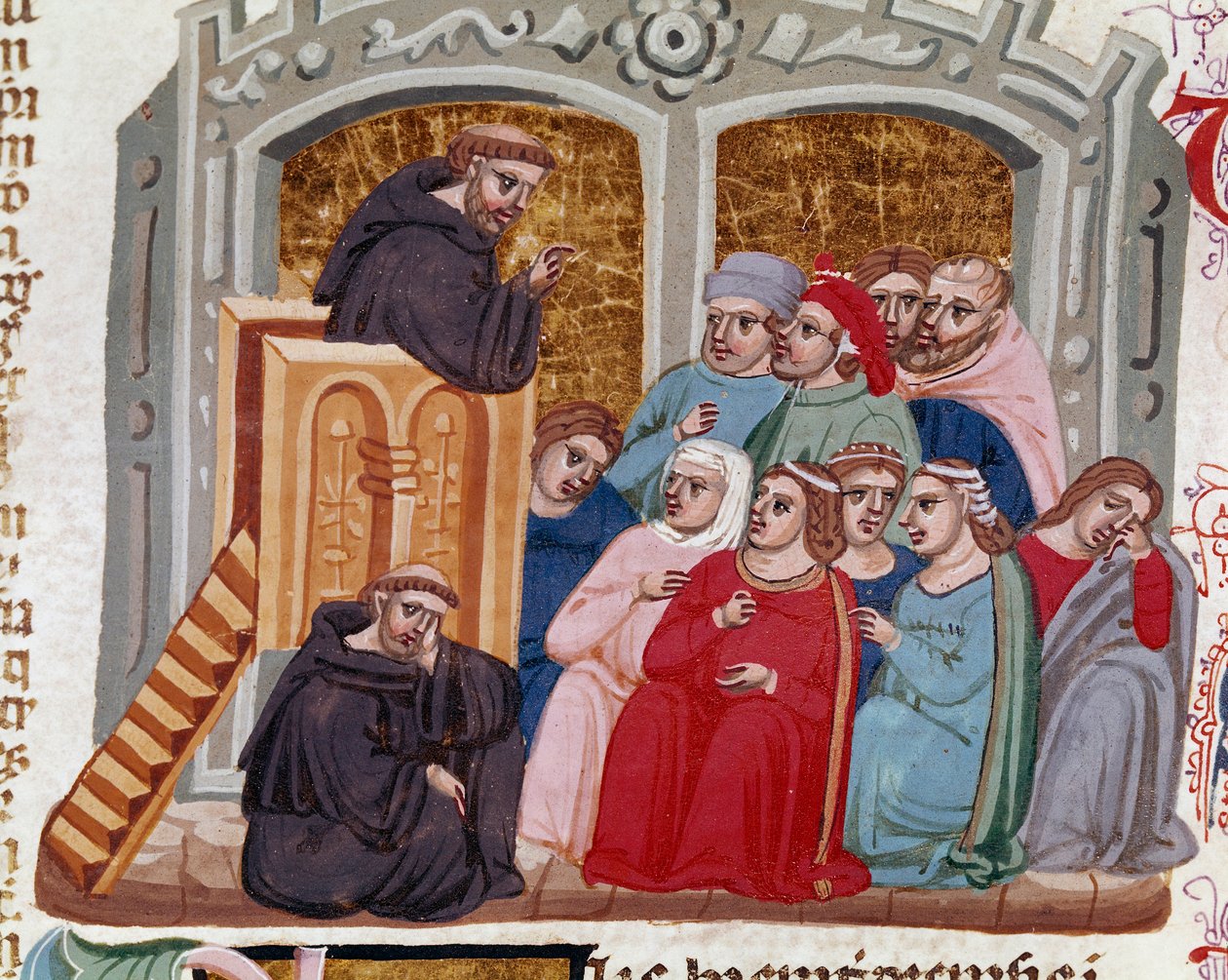 Predykator przemawiający do tłumu Miniature fideles z „Dekret de Gratien” („Concordia discordantium canonum” lub „Decretum Gratiani”) z 1140 r. i regulujący prawa i kanony Kościoła rzymskokatolickiego. Siena z XIV wieku, Biblioteca autorstwa Italian School