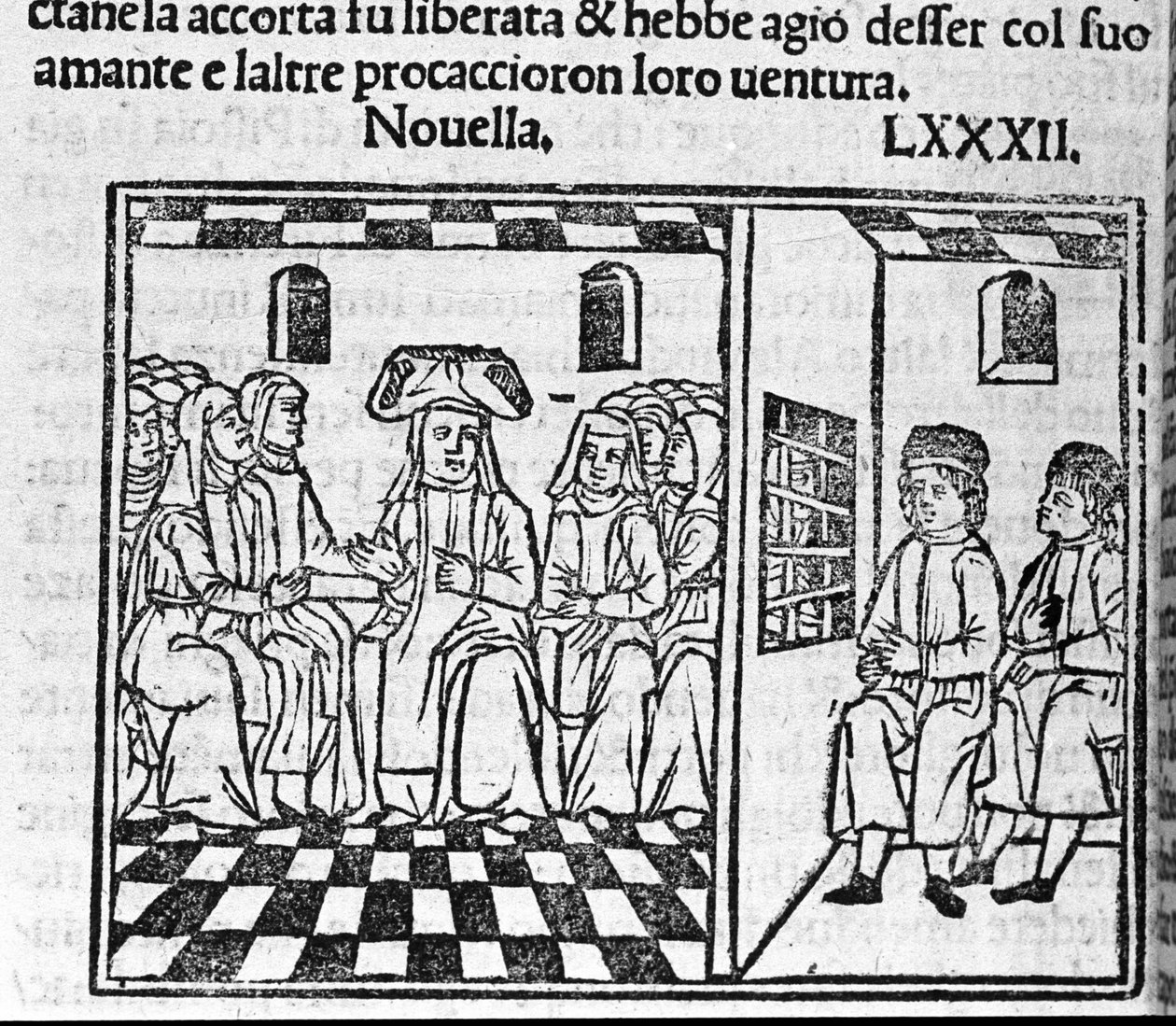 Historia miłości zakonnicy. Ilustracja do wiadomości 82 (Nowa 2 dnia dziewiątego) „Dekameronu” autorstwa Giovanniego Boccaccio dit Jean Boccaccio (1313-1375), włoskiego pisarza. Grawerowanie w „”Decamerone ouer Cento nouelle””Wenecja, Bartolomeo de 