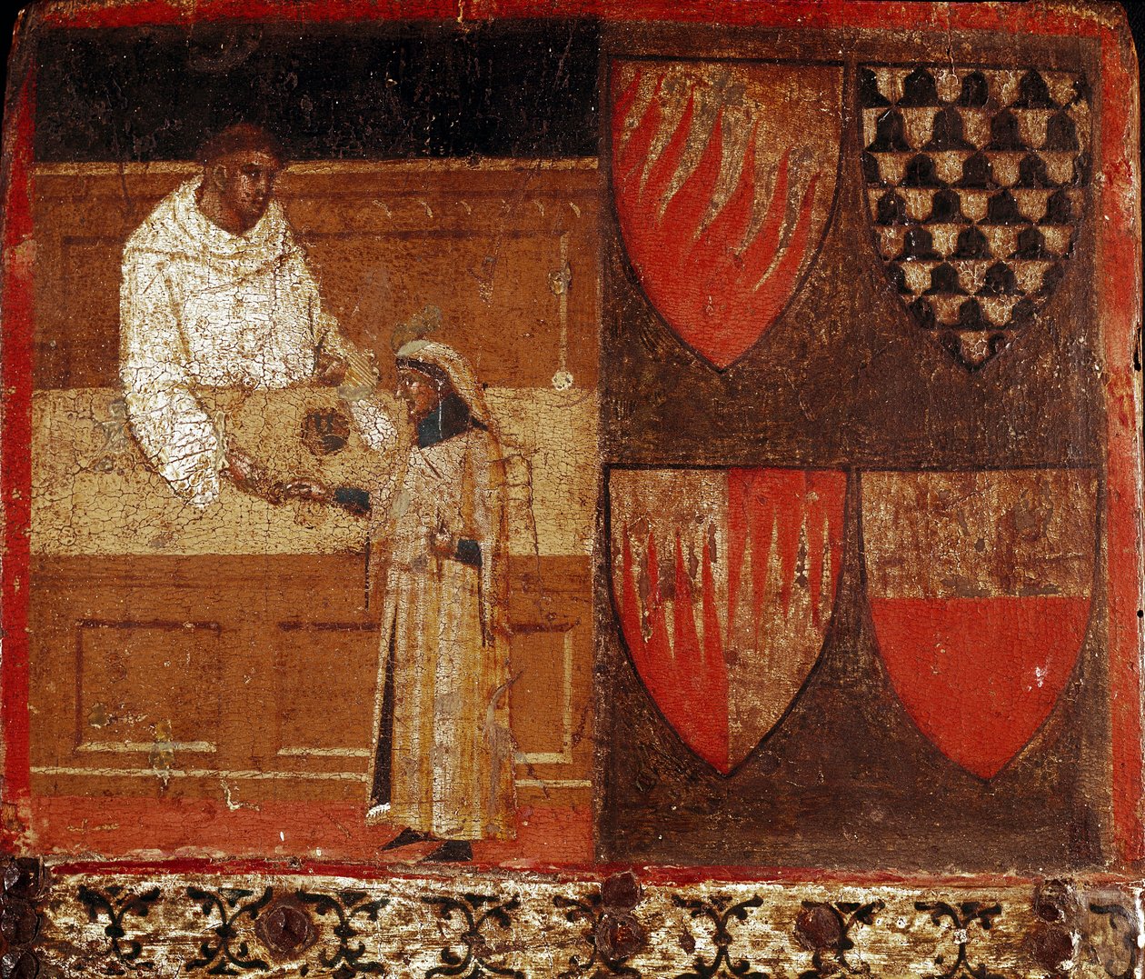 Poborca podatkowy i podatnik Anonimowy obraz na drewnie zdobiący Biccherna (okładka księgi rachunkowej miasta Siena) z 1340 r. Archiwum Narodowe - Museo delle Tavolette de Bicherna, Siena. autorstwa Italian School