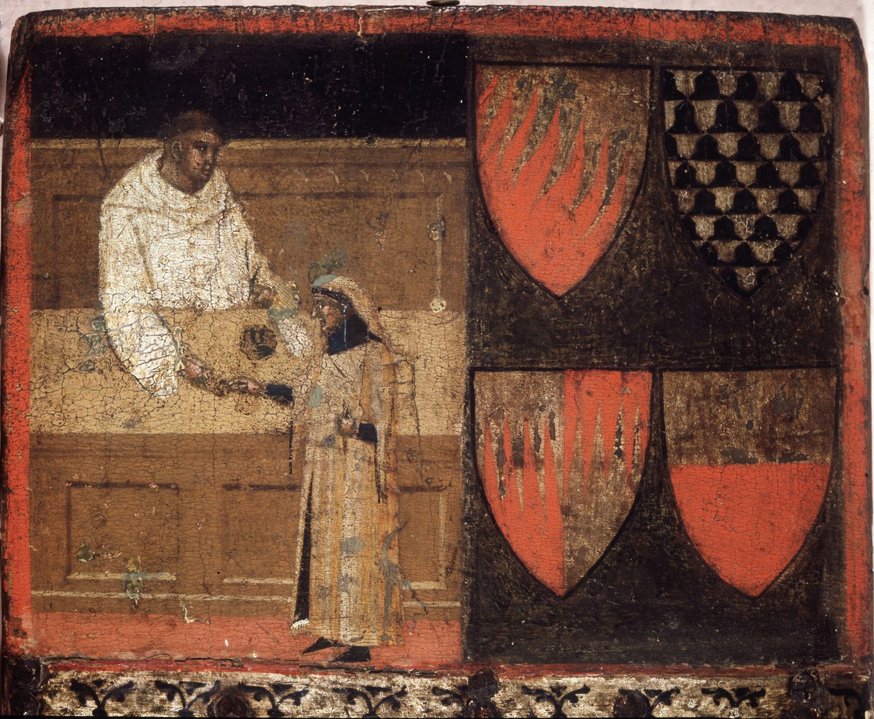 Poborca podatkowy i podatnik, Biccherna (okładka księgi rachunkowej miasta Sieny) z 1340 r. Archiwum Narodowe - Museo delle Tavolette de Bicherna, Siena. autorstwa Italian School