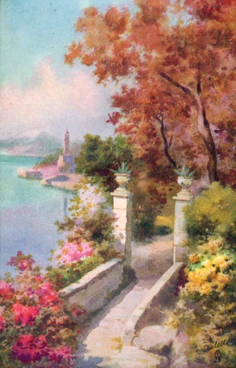 Willa nad jeziorem Maggiore, Włochy (kolorowa litografia) autorstwa Italian School