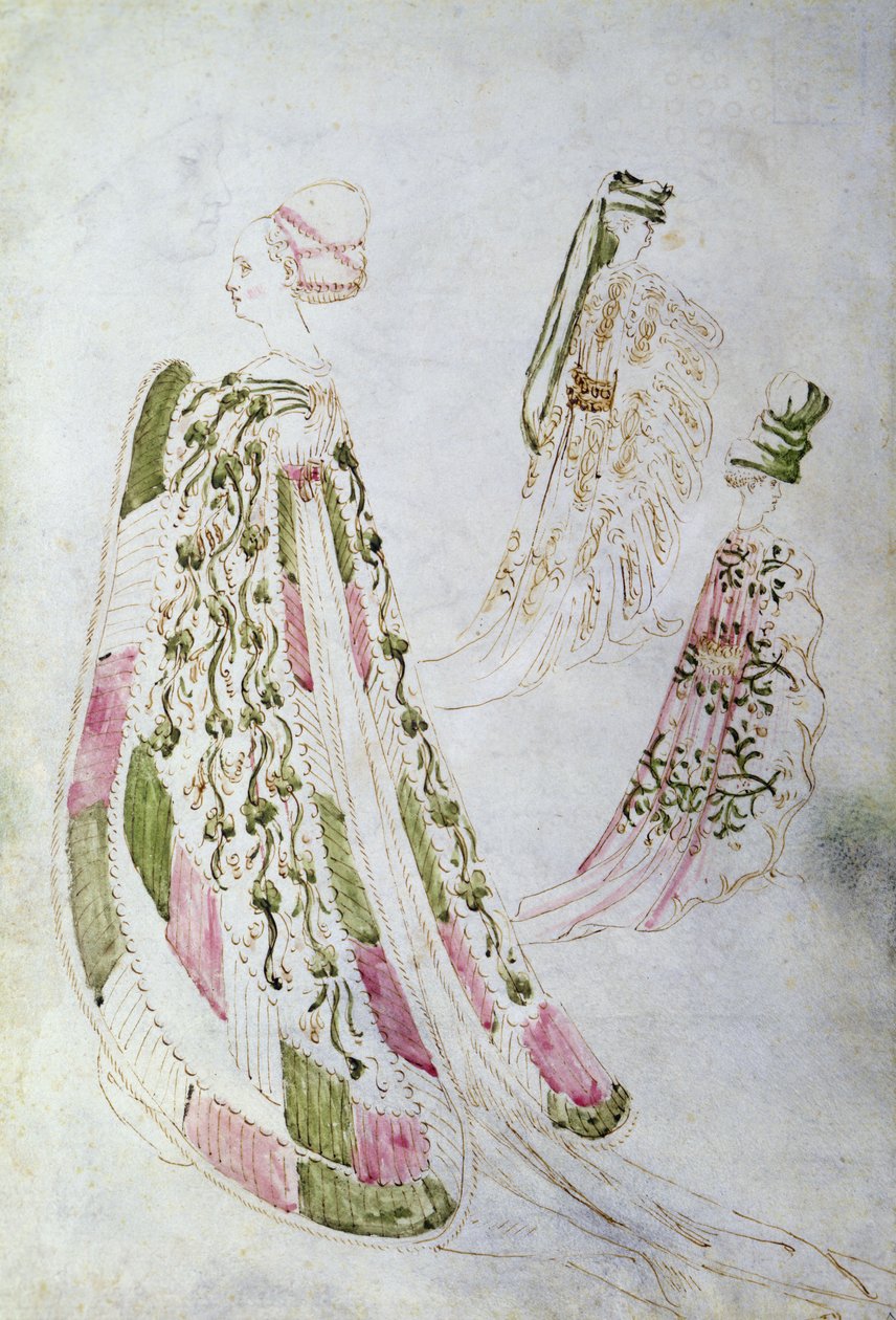 Kobieta i dwóch mężczyzn w długich płaszczach, ok. 1450 (atrament i akwarela na papierze) autorstwa Italian School