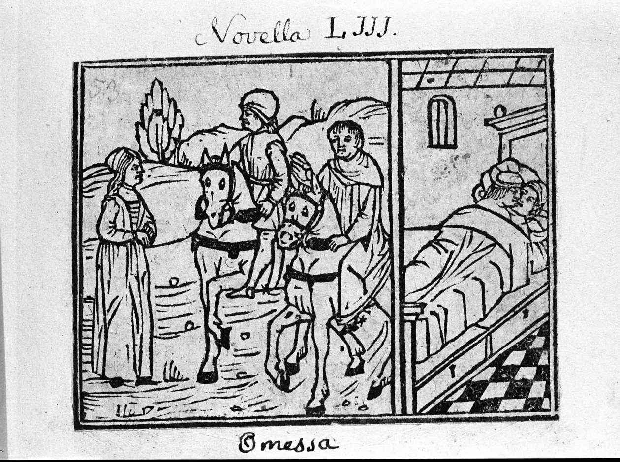 Kobieta spotyka dwóch jeźdźców i ma w pokoju parę. Ilustracja do wiadomości 53 (Wiadomości 3 z 6 dnia) „Dekameronu” autorstwa Giovanniego Boccaccio dit Jean Boccaccio (1313-1375), włoskiego pisarza. Grawerowanie w „”Dekamerone ouer Cento nouelle””Wenecja,  autorstwa Italian School