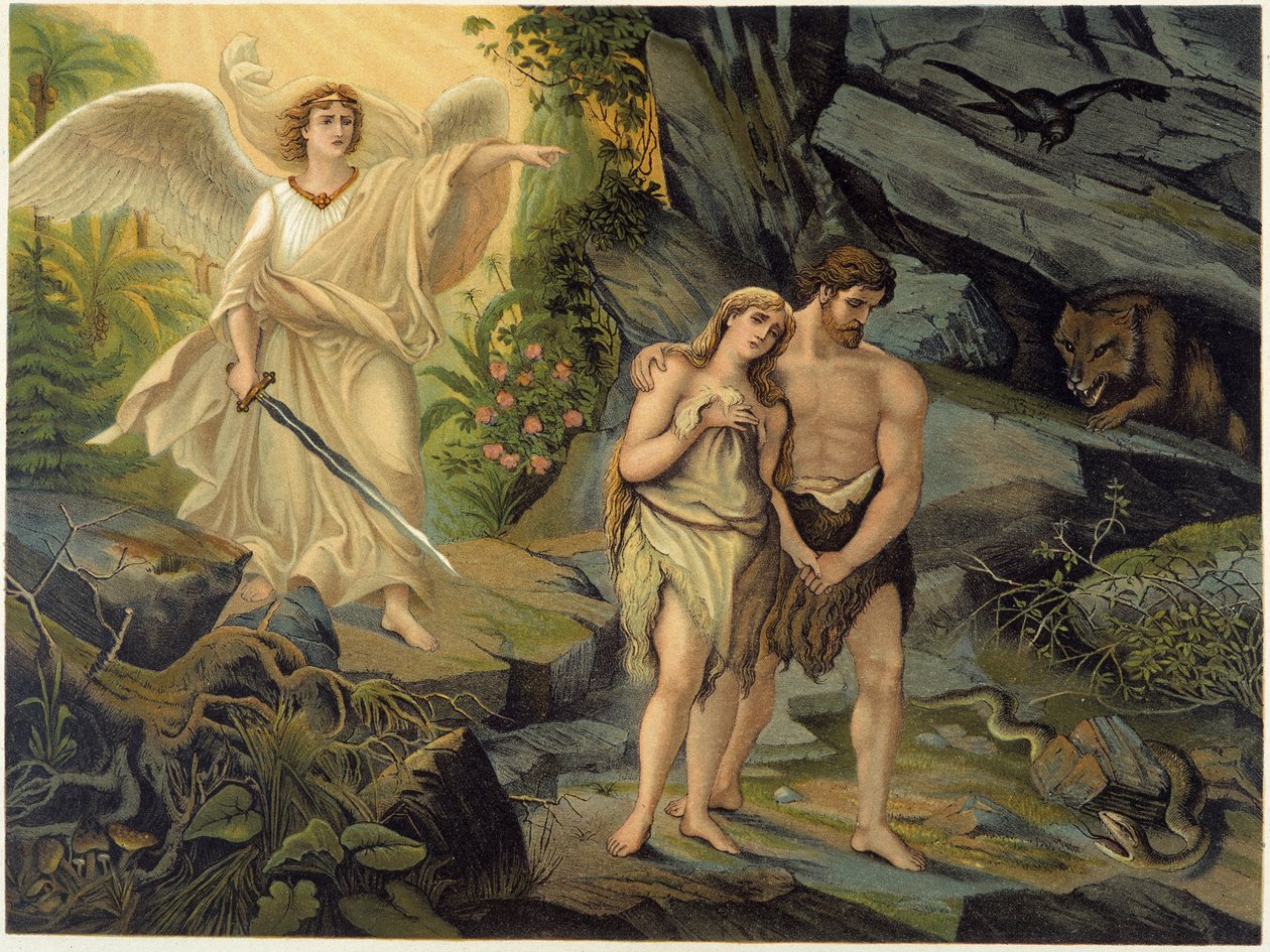 Adam i Ewa wypędzeni z ziemskiego raju (Edenu) przez Archanioła - w „Golden Classic Bible: History of Divine Revelation in the Ancient and New Stress” Giovanniego Ladislao Sykory (t. 1), w tłumaczeniu Don Clemente Benetti. (Biblia włoska) autorstwa Italian School