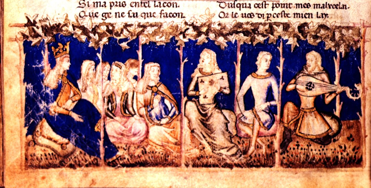 Add.12228 fol.222v Królowa słucha muzyki, z Roman du Roy Meliadus de Leonnoys, c.1352 (welum) autorstwa Italian School