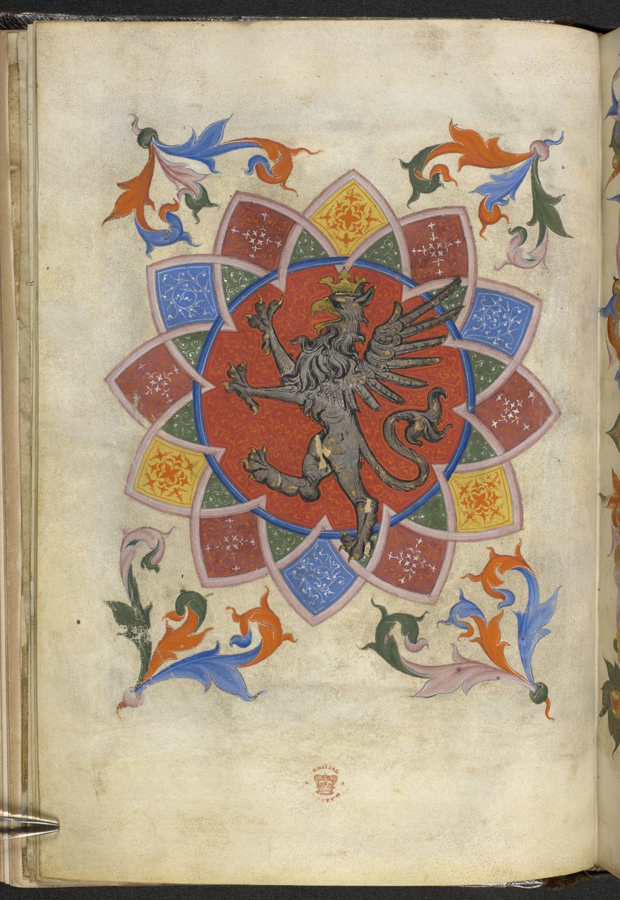 Dodać. 21965, f.5v Figura heraldyczna: Gryf, Statut Cechu Krawców, z „Matricula artificum Artis Sartorum civitatis Perusii” (tusz i kolor na welinie) autorstwa Italian School