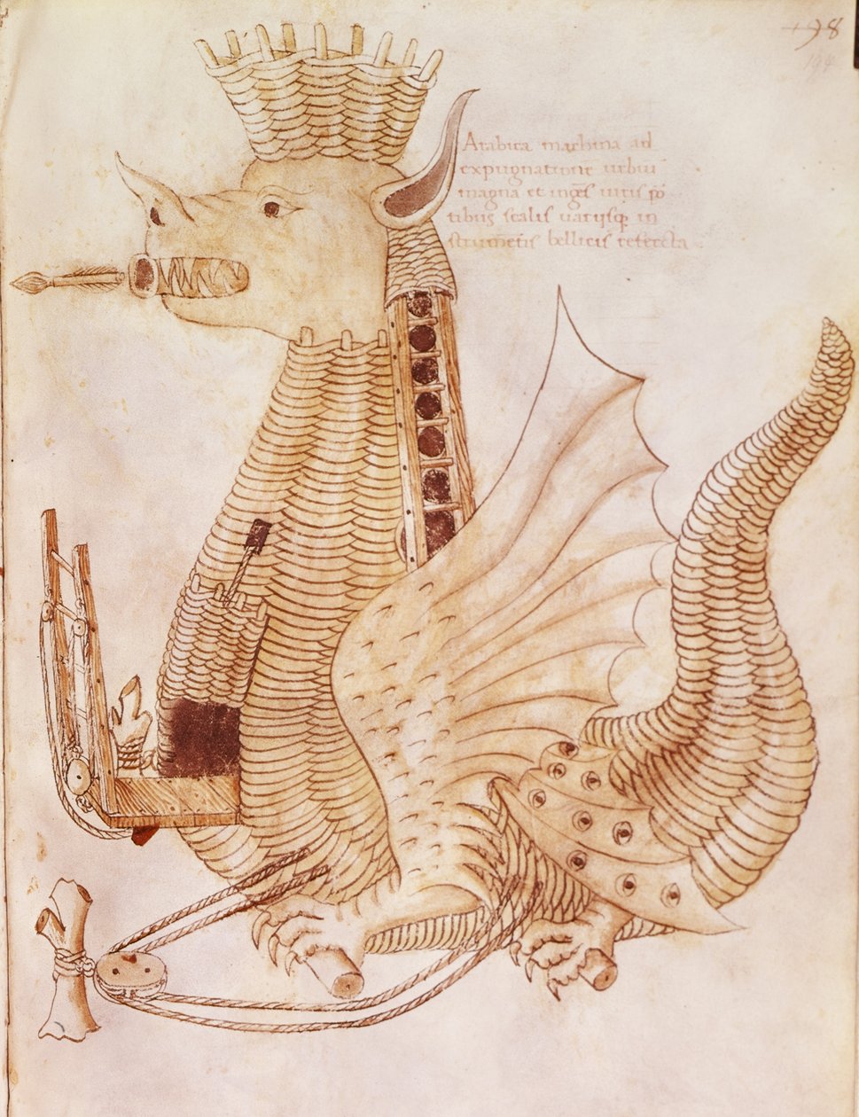 Dodaj 24945 fol.194 Projekt machiny oblężniczej z „De re militari” Robertusa Valturiusa (lito) autorstwa Italian School