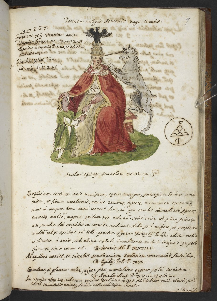 Dodaj MS 17432 „Proroctwa i obrazy piętnastego papieża, autorstwa Joachima z Fiore…” (tusz i kolor na papierze) autorstwa Italian School