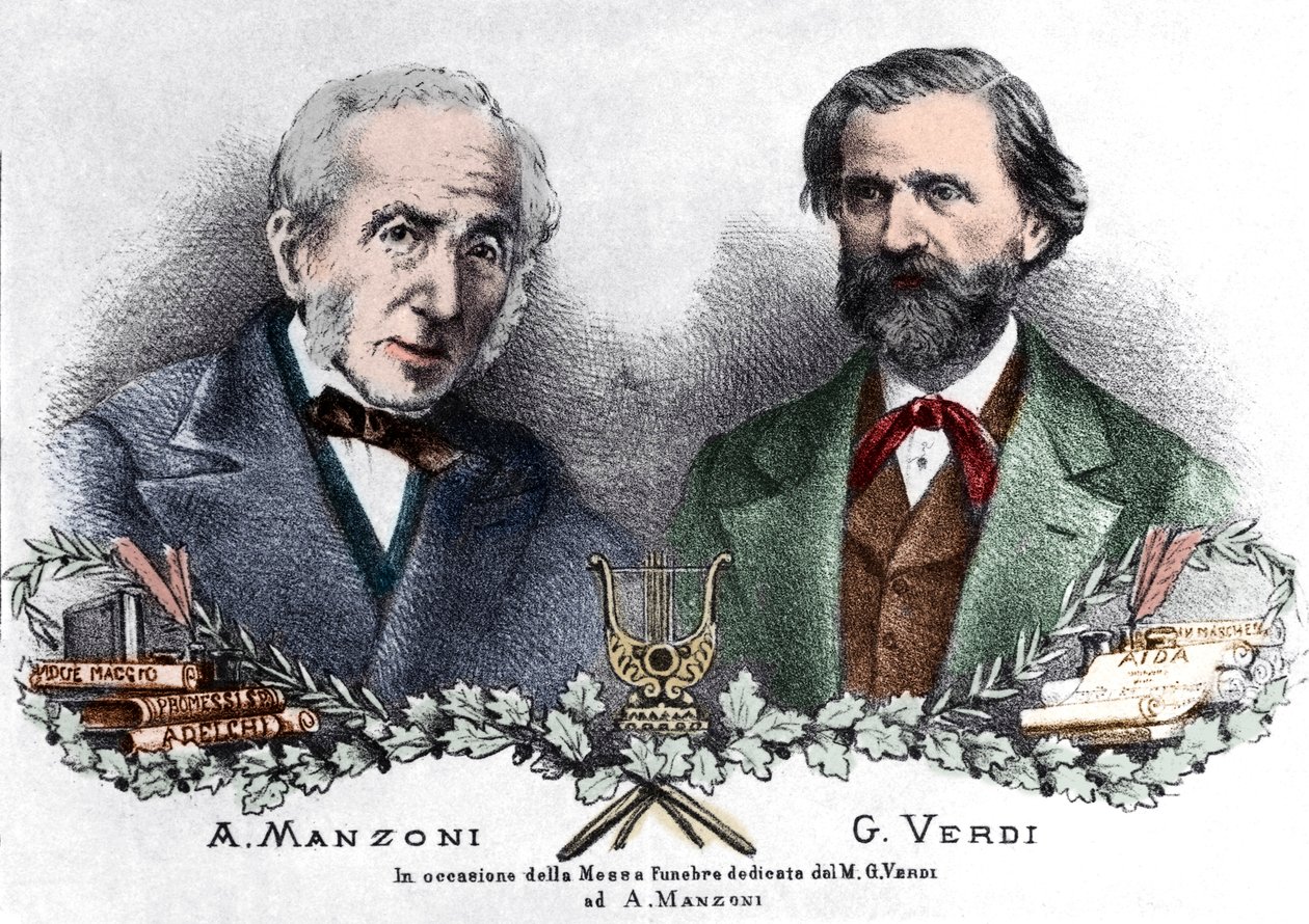 Alessandro Manzoni i Giuseppe Verdi z okazji Messa da Requiem (kolorowy grawerunek) autorstwa Italian School