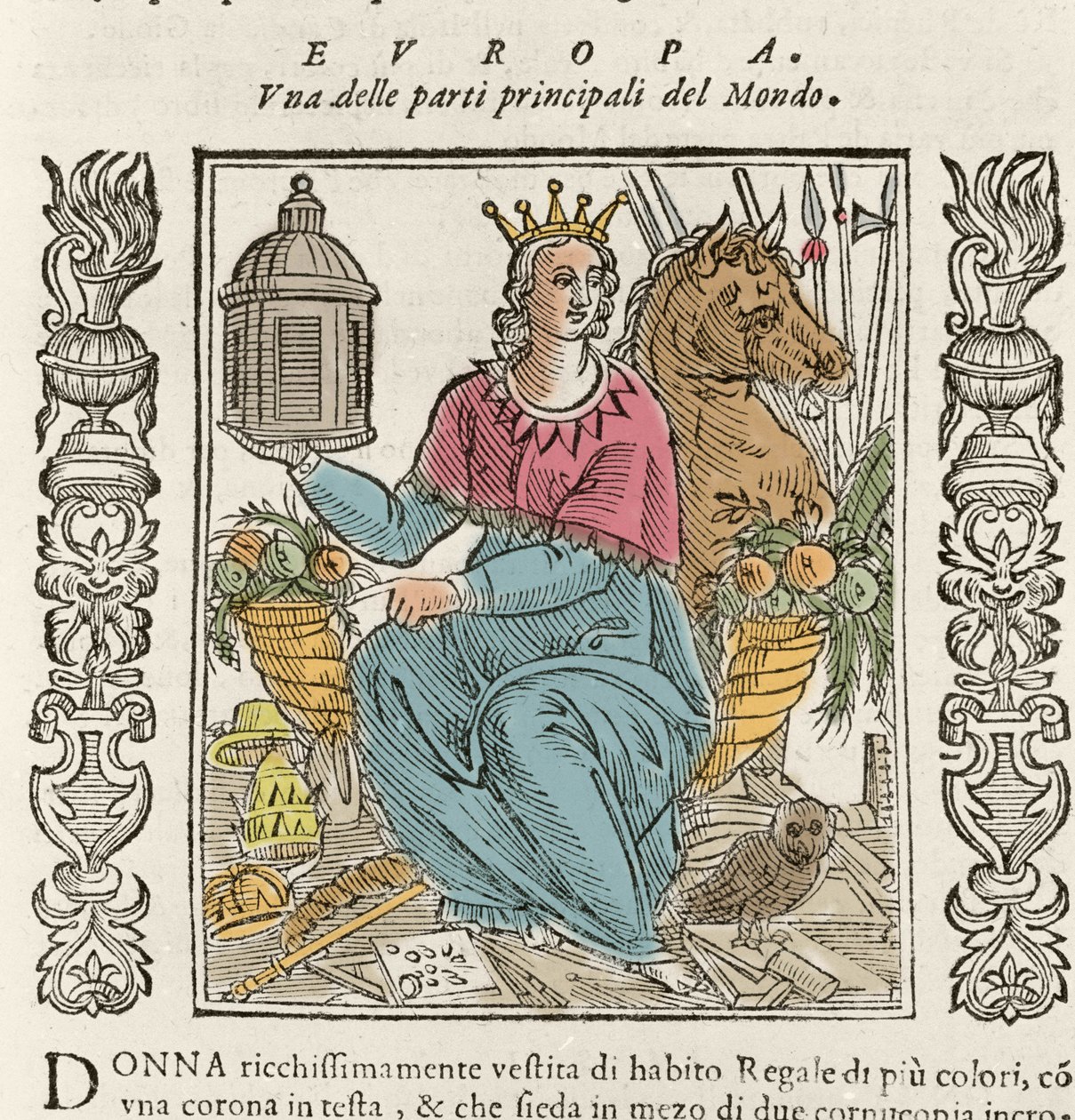Alegoria Europy w postaci bogato ubranej kobiety, ukoronowanej, otoczonej rogami obfitości. Talerz zaczerpnięty z „Ikonologii” Cesare Ripy (1550 ok. 1622) autorstwa Italian School