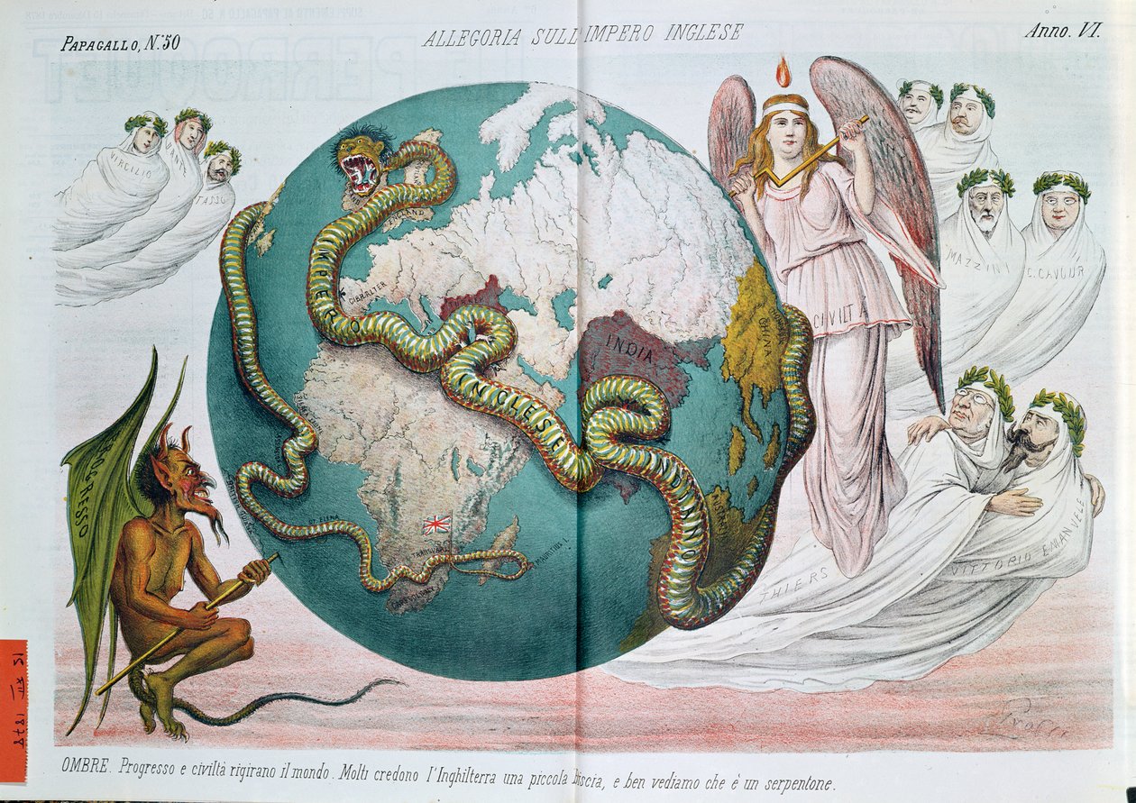 Alegoria Imperium Brytyjskiego dławiącego świat, satyryczna kreskówka z Le Perroquet (Il Pappagallo), 1878 autorstwa Italian School