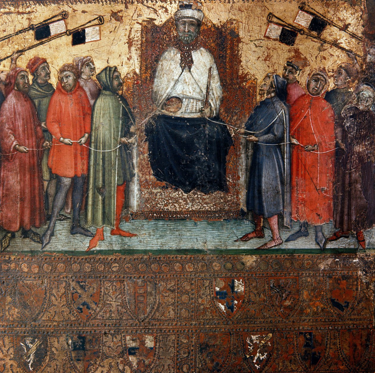 Alegoria rządu miasta Siena otoczona przez obywateli, którzy są symbolicznie związani z nim sznurem Anonimowy obraz na drewnie Biccherny (okładka rejestru księgowego miasta Siena) 1385. Siena Archivio di Stato, Włochy autorstwa Italian School