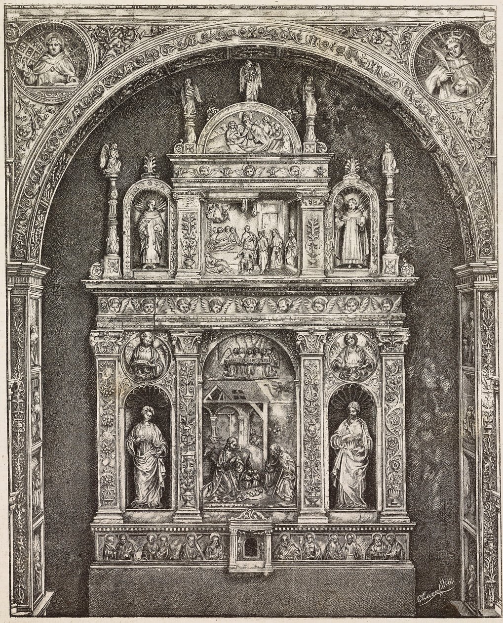 Ołtarz w kościele St Cita, Antonello Gagini, Palermo, Włochy, rycina z rysunku G Cavallottiego, z L