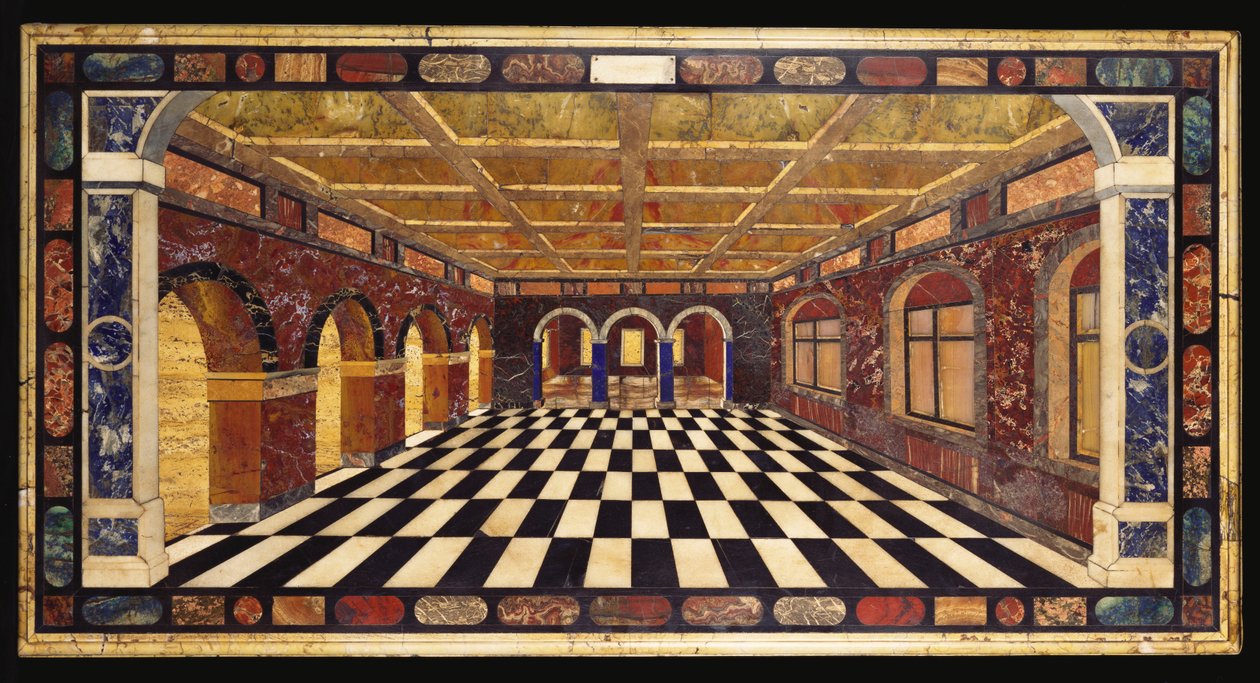 Włoski marmurowy blat Pietre Dure inkrustowany, przedstawiający wewnętrzną scenę oddalającej się galerii arkadowej autorstwa Italian School