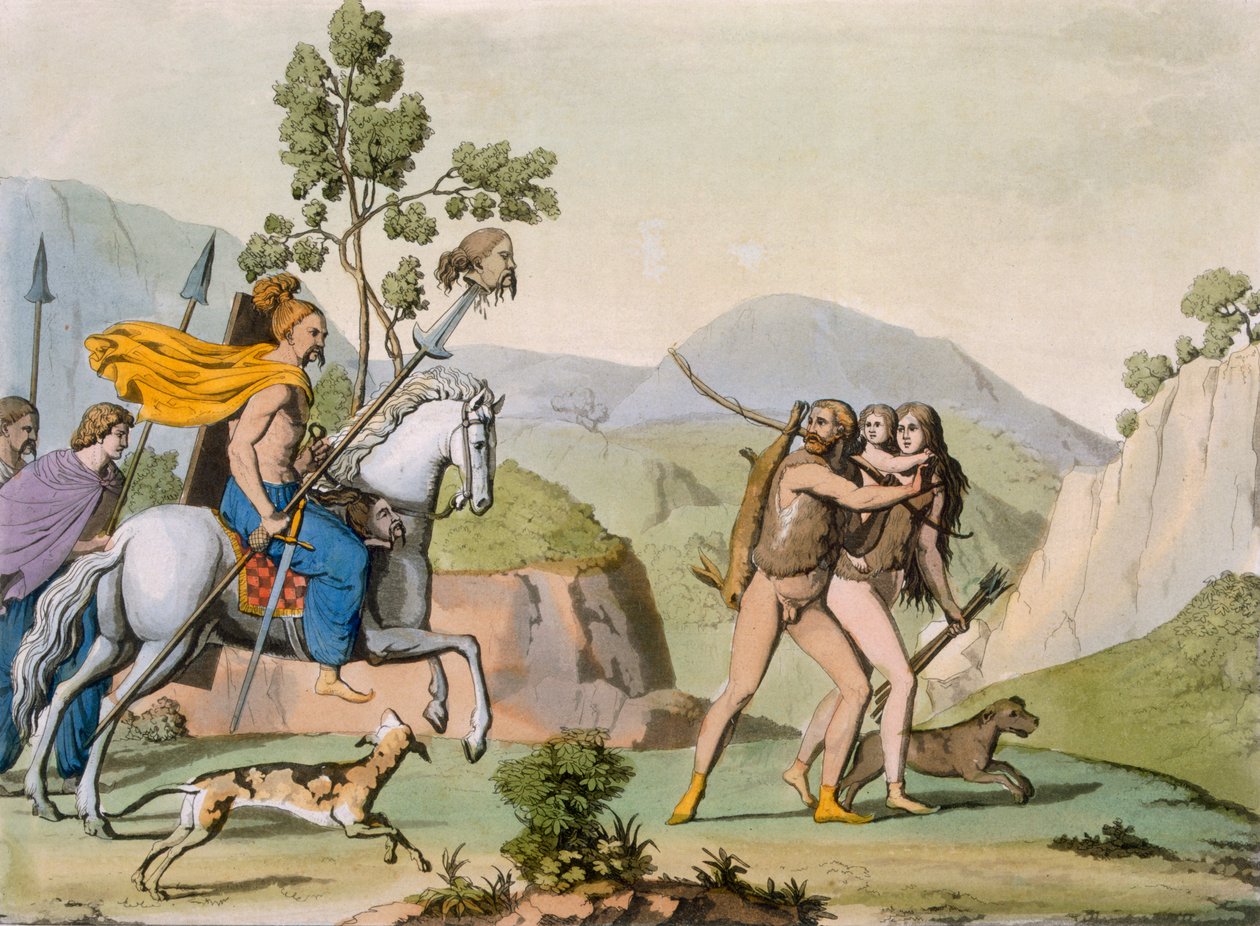 Starożytni celtyccy wojownicy podczas wyprawy spotykają parę na polowaniu, ok. 1800-18 (kolorowy grawer) autorstwa Italian School