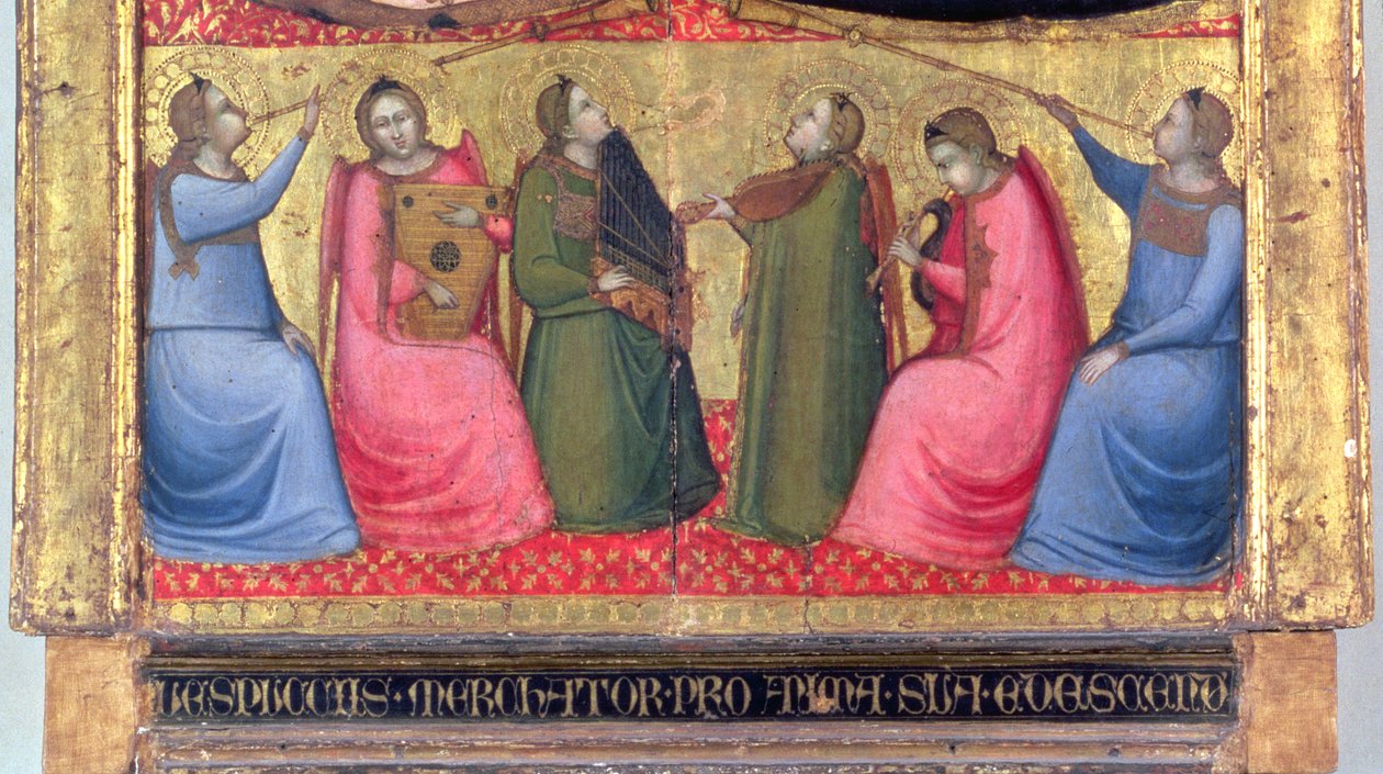Anioły grające na instrumentach muzycznych, fragment predelli w ołtarzu, Florentine autorstwa Italian School