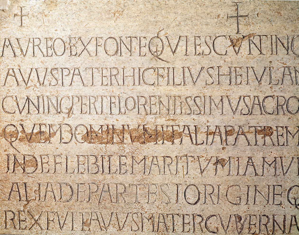 Archeologia średniowiecza (średniowiecze). Sztuka barbarzyńska Lombardii: nagrobek lombardzkiego króla Cuniperta, zwanego Pobożnym (Cuniperto, 678-700). Sztuka Lombardzka. Pawia, Muzeum Miejskie, Sekcja Archeologiczna (Pawia, Musei Civici, Sezione Archeolo autorstwa Italian School
