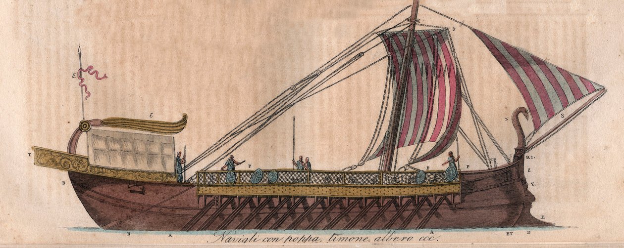 Ateńska trirema, IV wiek pne (akrostolium) - Triere ou trireme - grawerowanie z „” Zwyczajów i Tradycji Wszystkich Ludów Wszechświata. To jest historia rządu, praw, milicji, religii wszystkich narodów od najodleglejszych czasów do autorstwa Italian School