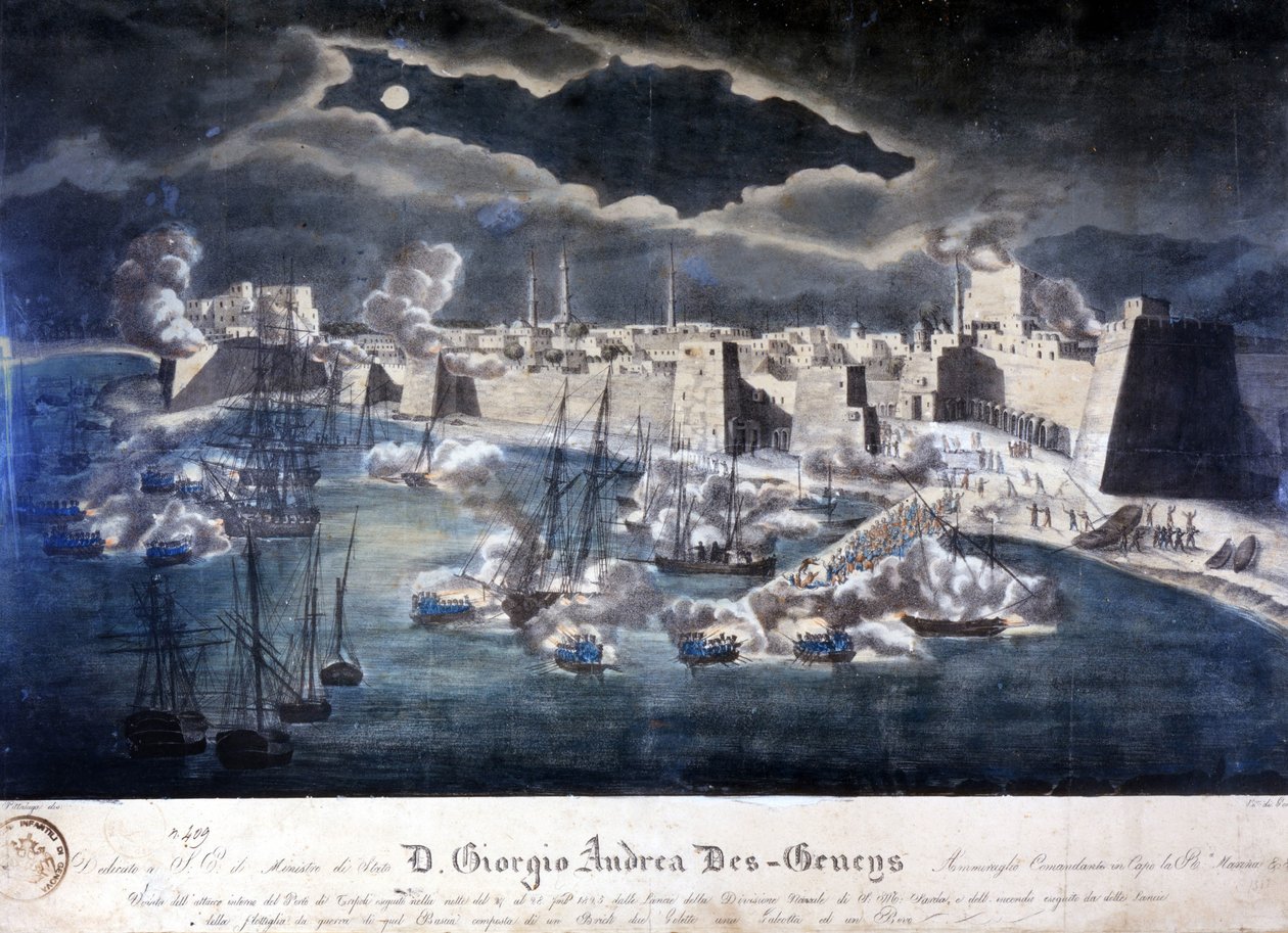 Atak marynarki wojennej Sardynii na port w Trypolisie podczas operacji przeciwko piractwu barbarzyńskiemu w 1825 r. autorstwa Italian School
