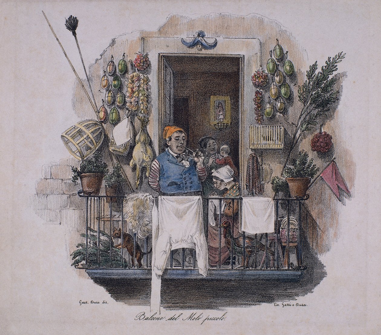Balkon przy małym molo w Neapolu, Włochy, XIX w. (litografia) autorstwa Italian School