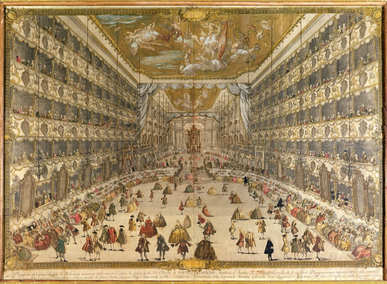 Bal na cześć narodzin arcyksięcia Pietro Leopoldo Austrii w Teatrze Książęcym w Mediolanie w dniu 28 maja 1747 r. (kolor grawerowany) autorstwa Italian School