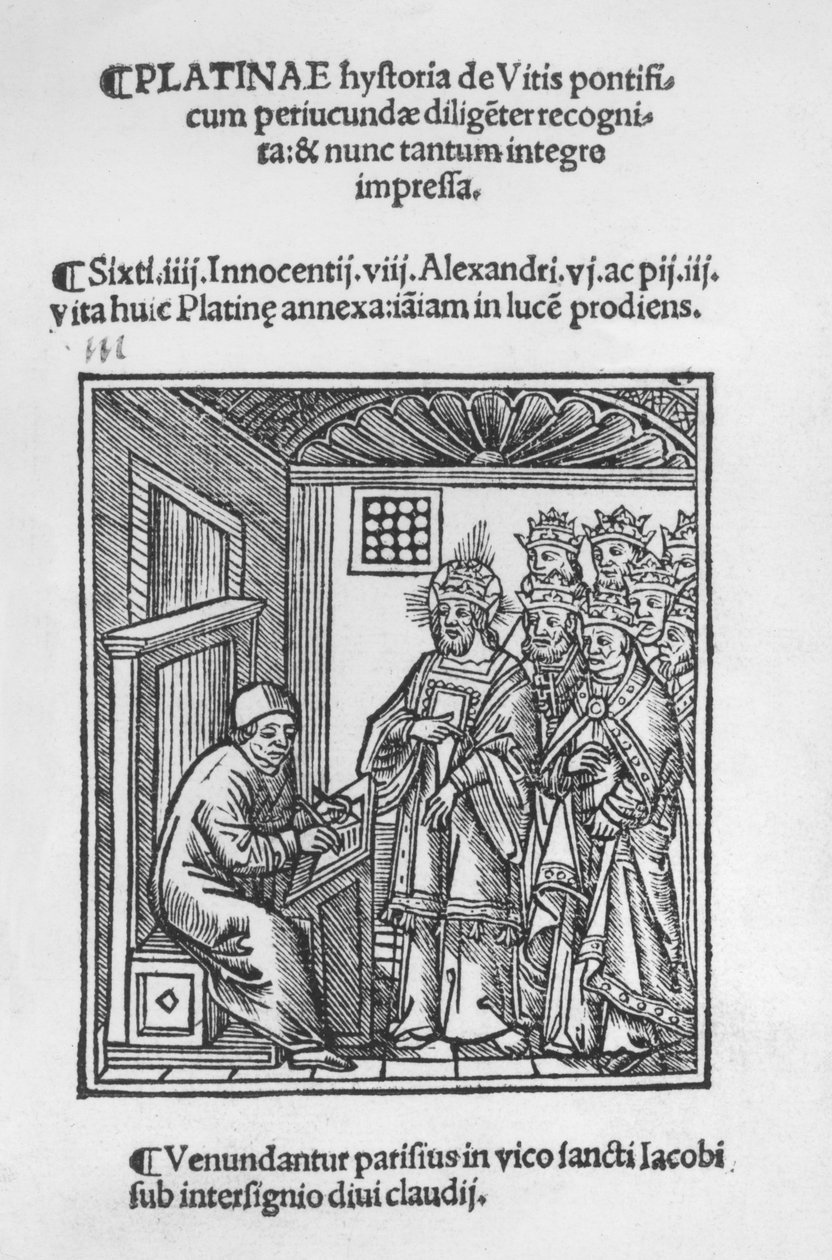 Bartolommeo de Sacchi (Platina) pisze „Historia Winorośli Biskupów Rzymskich”, 1505 autorstwa Italian School