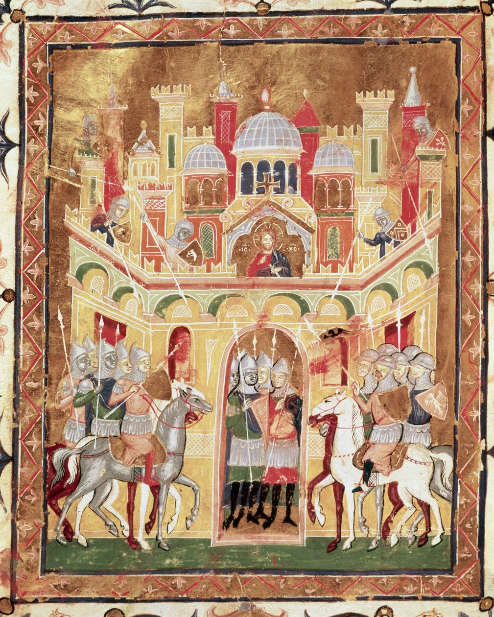 Scena bitwy pod murami Jerozolimy, z Descriptio Terrae Sanctae Burcardusa Theutonicusa lub Burcharda z Góry Sion autorstwa Italian School