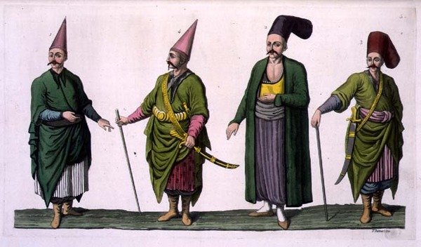 Bostandji, Khasseki i inne przykłady stroju osmańskiego, tablica 5 z części III tomu I „Historii Narodów”, sztych. V. Raineri (akwatinta) autorstwa Italian School