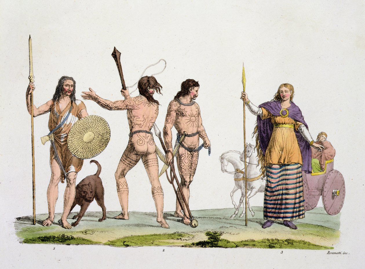 Brytyjczycy, Kaledończycy i królowa Boadicea, tablica 4 z Historii Narodów (akwatinta) autorstwa Italian School