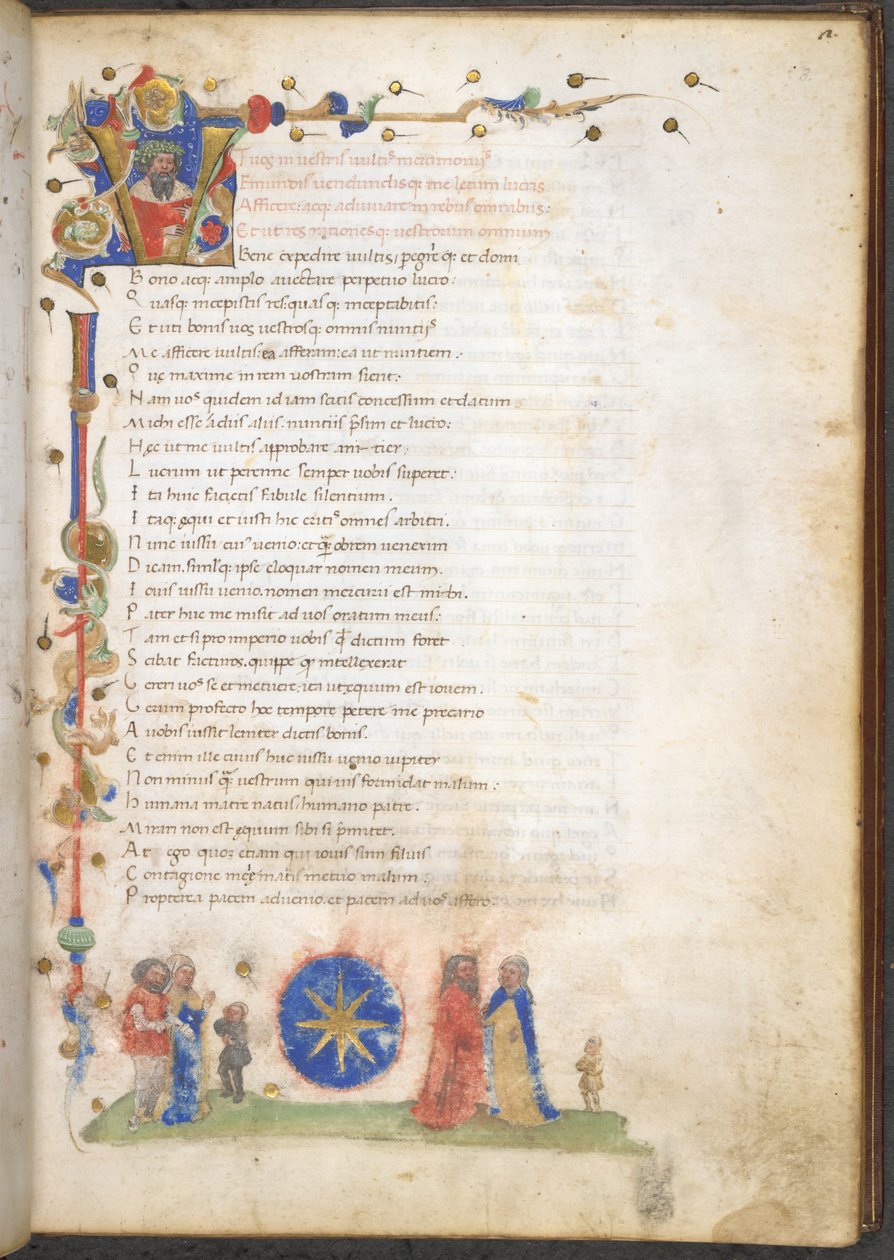 Burney 227 f.3 Członek rodziny Stella z Werony: ramiona rodziny: lazur, ośmioramienna gwiazda, z „Amphitruo, Osiem komedii z prologami i argumentami” Tytusa Macciusa Plauta, ok. 1440 (tusz, kolor i złoto na pergaminie) autorstwa Italian School