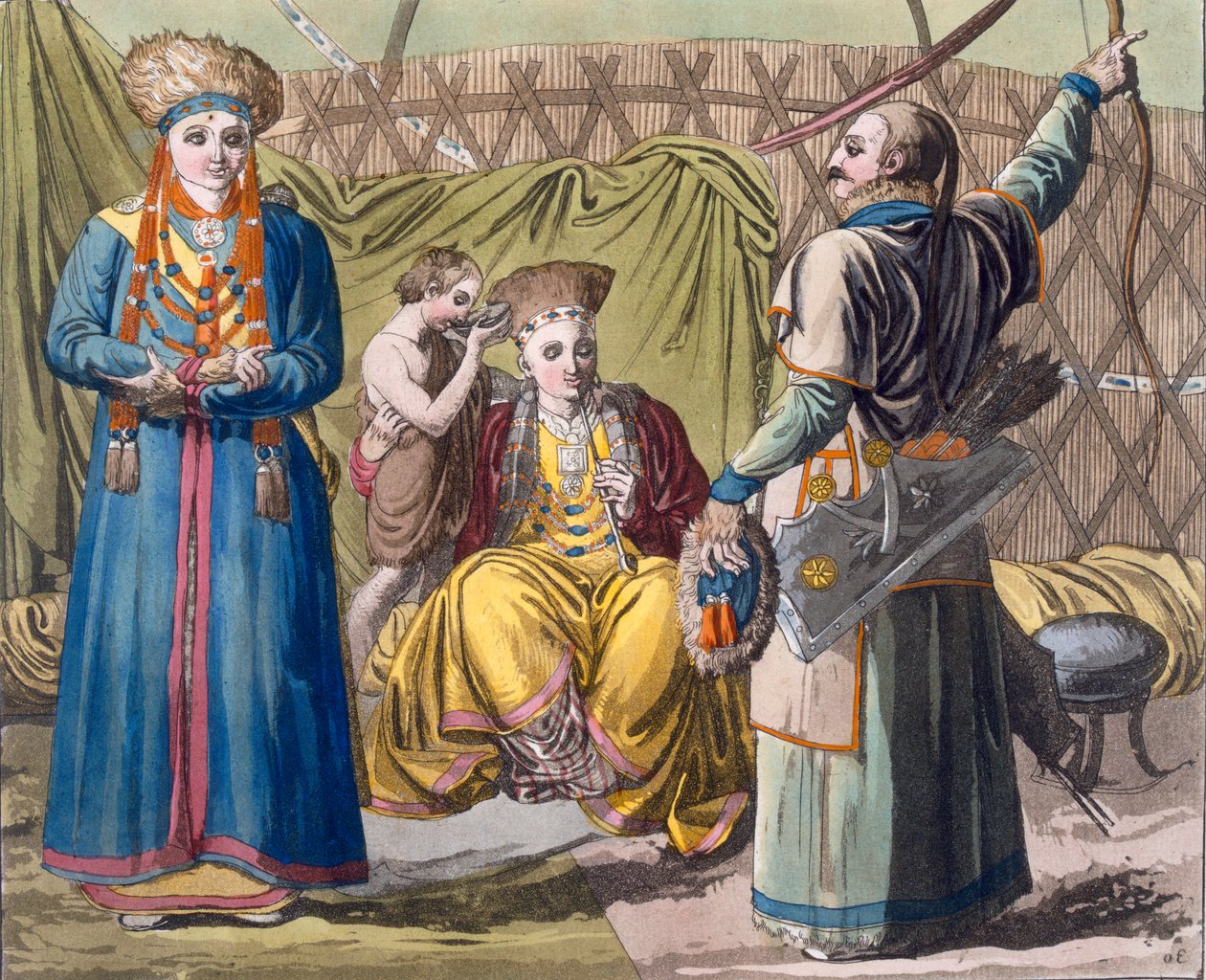 Rodzina Buriatów we wnętrzu, z kostiumu Dei... Giulio Ferrario, ok. 1820-30 (ręcznie kolorowana litografia) autorstwa Italian School