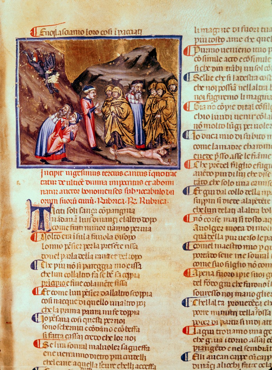 Canto XXIII Dante i Wergiliusz w kręgu hipokrytów, z Kajfaszem ukrzyżowanym na ziemi, z Boskiej Komedii (Piekło), ok. 1313 autorstwa Italian School