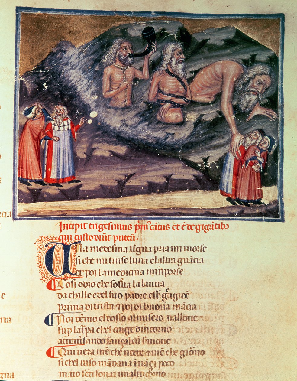 Canto XXXI Dante i Wergiliusz i trzej Giganci w Zaginionym Kręgu, z Boskiej Komedii (Piekło), ok. 1313 autorstwa Italian School