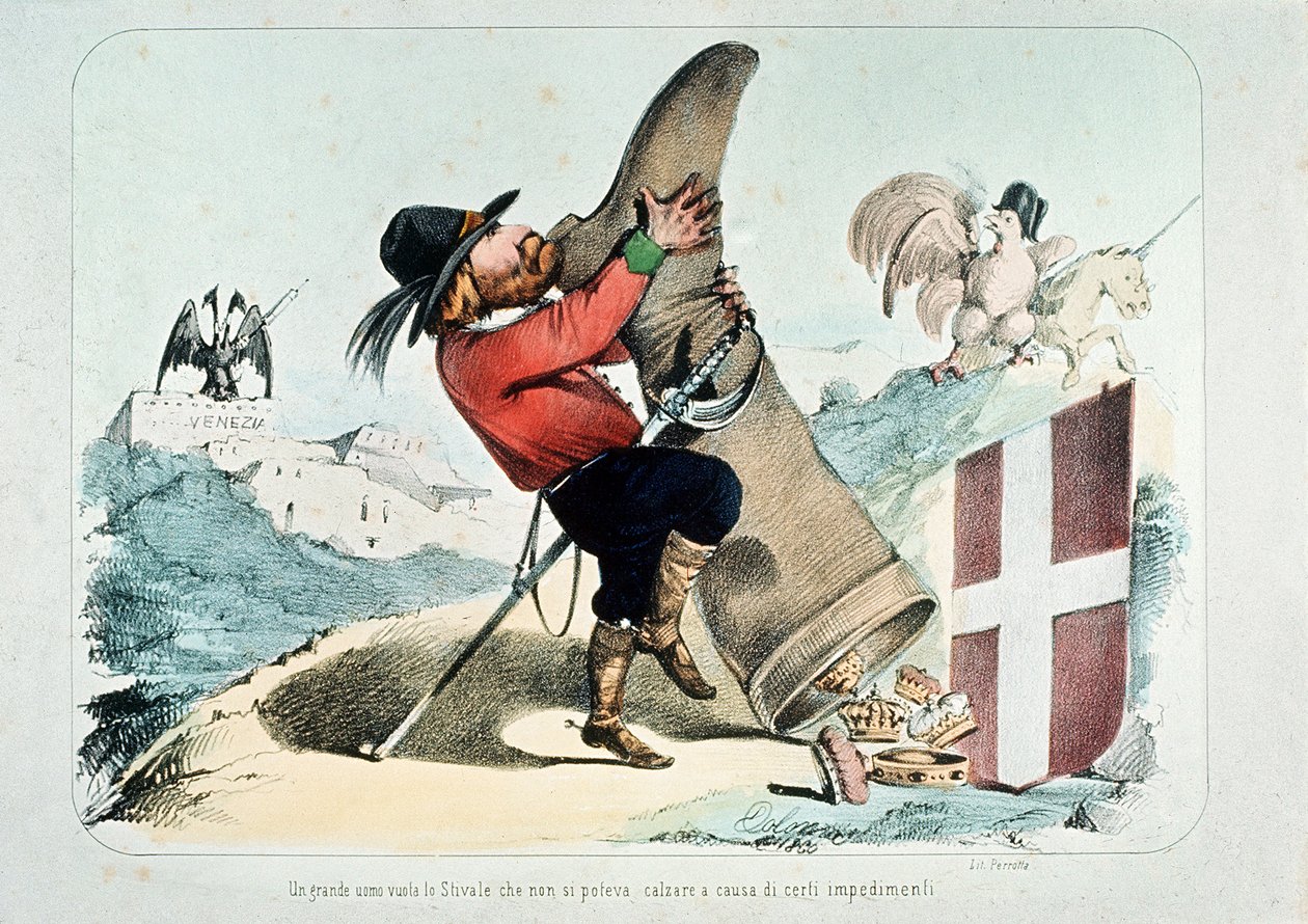 Karykatura Giuseppe Garibaldiego opróżniającego but (Włochy) pełen koron, autor: Litografia Perrotta autorstwa Italian School